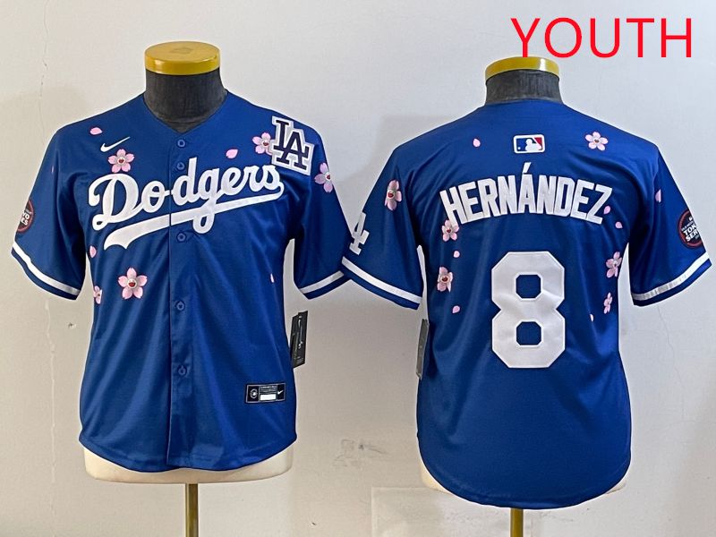 Youth Los Angeles Dodgers #8 Hernandez Blue Sakura Edition 2025 Nike MLB Jersey style 5